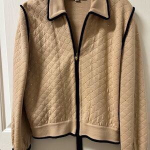 St. John Sportswear Tan Quilted Zippered Jacket with Black Trim
